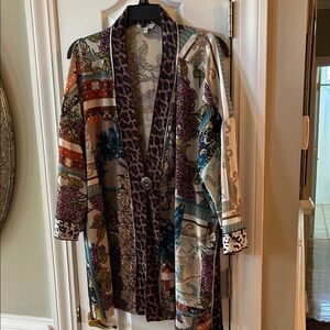 John Mark Multicolor Satin Jacket with Leopard Trim
